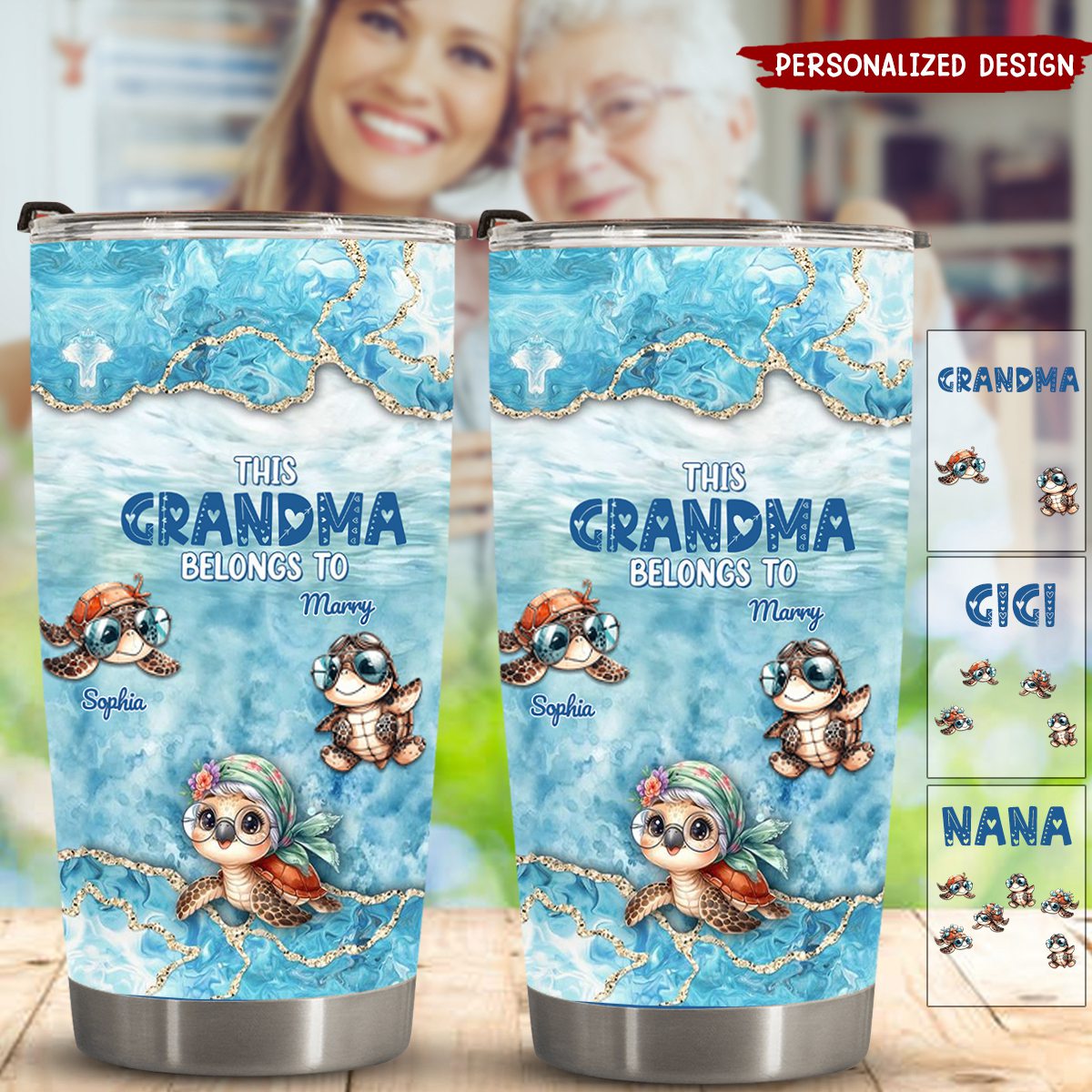 This Grandma Turtle Belongs To Grandkids Beneath Ocean Background-Personalized Tumbler