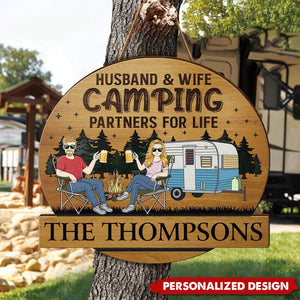 Camping Couple Husband & Wife Camping Partners For Life-Personalized Wood Sign