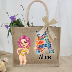 Monogram Personalized Jute Tote Bag - Gift For Grandma, Mom