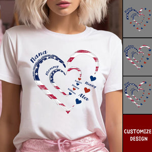 4th of July Grandma Mom Kids Heart to Heart Personalized 3D White T-Shirt