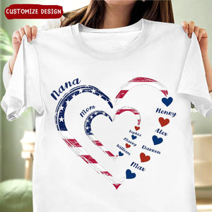 4th of July Grandma Mom Kids Heart to Heart Personalized 3D White T-Shirt