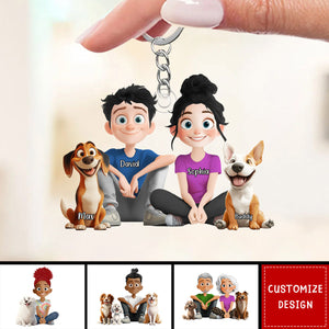 Personalized Cute Cartoon Couple And Dogs Acrylic Keychain-Gift For Dog Lovers, Couple