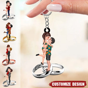 Personalized Doll Couple Kissing Hugging On The Ring Keychain - Gift For Couple