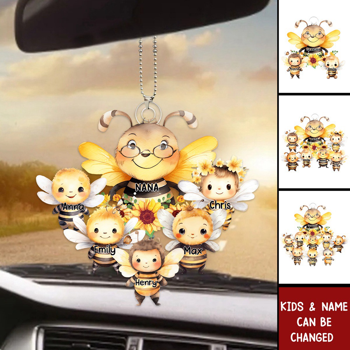 Mama Bee With Little Kids - Personalized Acrylic Car Ornament- Gift For Mom, Grandma