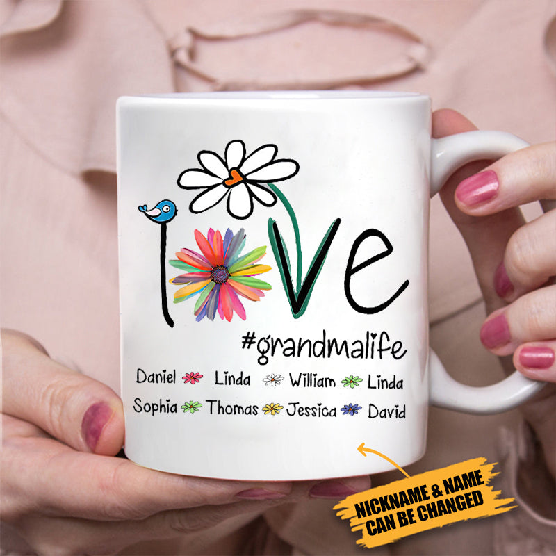 Personalized Love Grandma Life Flower And Grandkids Mug