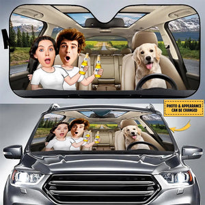 Couple With Kids And Dog-Personalized Photo Auto Windshield Sunshade-Gift Idea For Family/ Couple/ Dog Lover