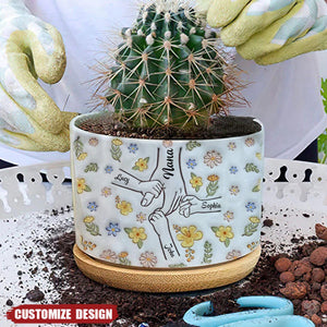 Floral Mom/Nana Hands Together- Personalized Ceramic Plant Pot