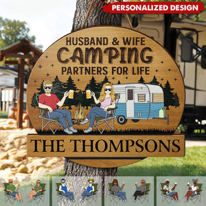 Camping Couple Husband & Wife Camping Partners For Life-Personalized Wood Sign