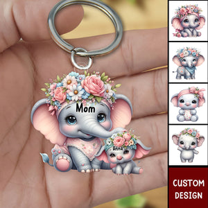 Grandma/Mama Elephant With Flowers - Personalized Acrylic Keychain - Gift For Mom, Grandma