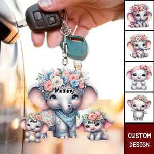 Grandma/Mama Elephant With Flowers - Personalized Acrylic Keychain - Gift For Mom, Grandma