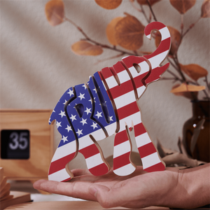 2024 Elephant US Flag Wood Sculpture