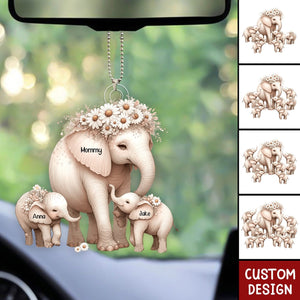Mama/Nana Elephant With Little Kids - Personalized Acrylic Car Ornament - Mother's Day Gift