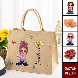 Cute Cartoon Women Girl Birth Flower - Personalized Jute Tote Bag