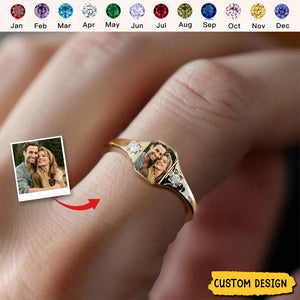 Custom Photo Personalized Rings With 2 Birthstones, Gift for Couple, Family