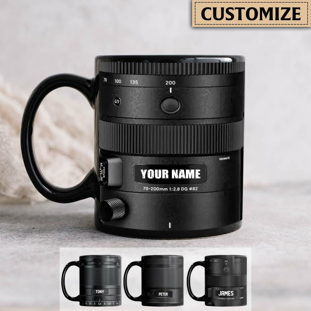 Personalized Camera Lens & Name Black Printed Mug