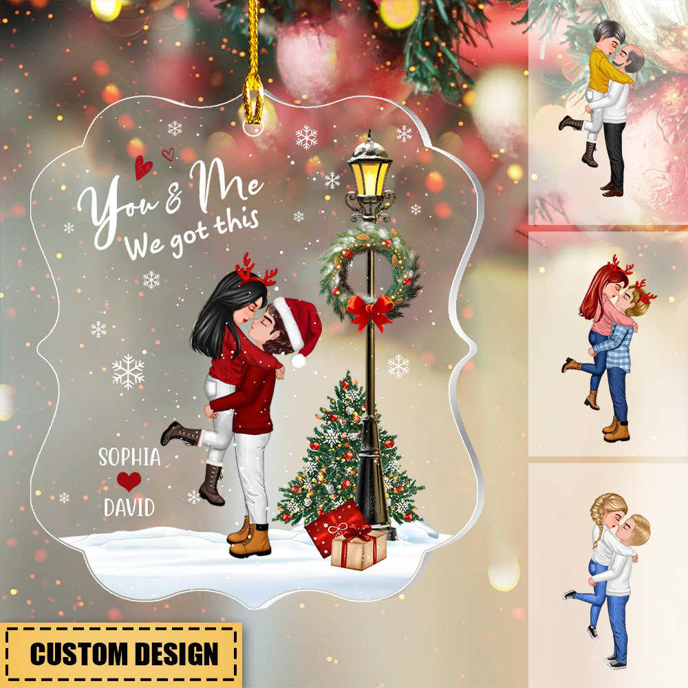 Winter Couple Hugging Kissing Snow Personalized Acrylic Ornament