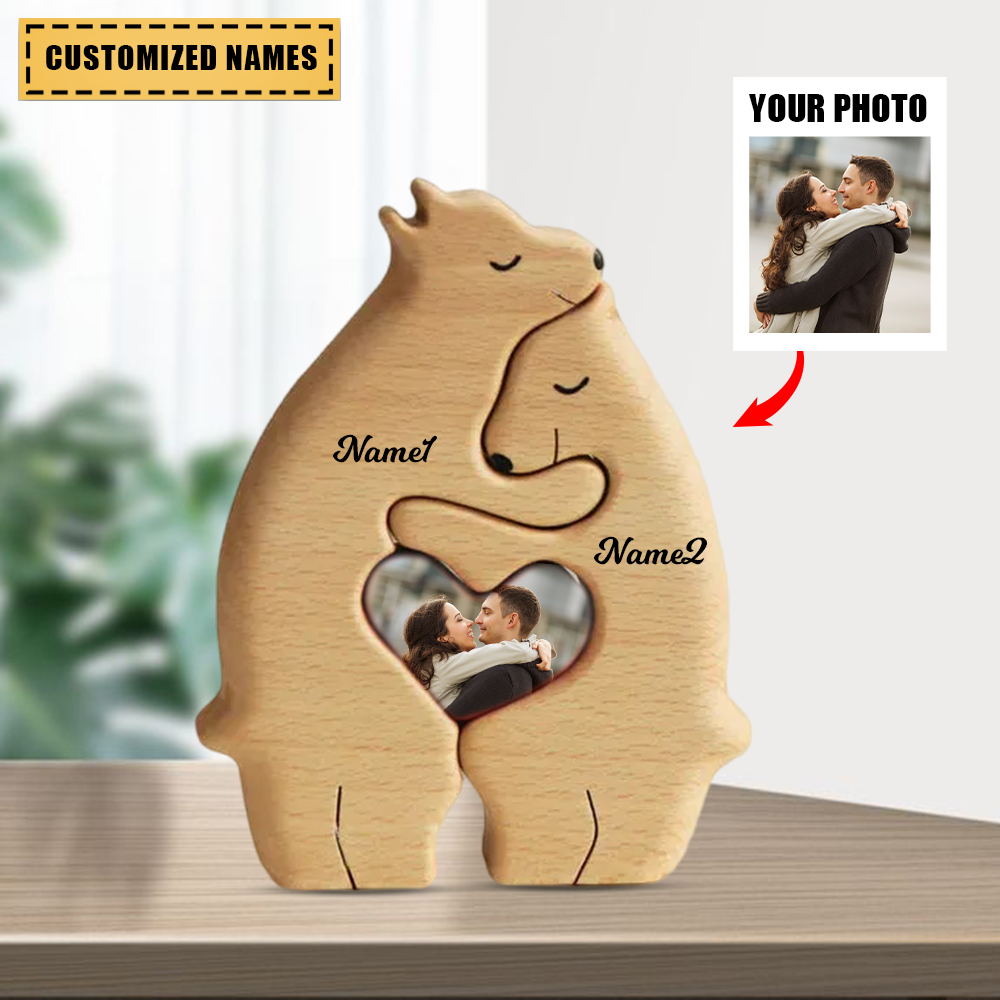 Personalized Bear Couple Wooden Art Puzzle With Names And Photo - Gift For Couple